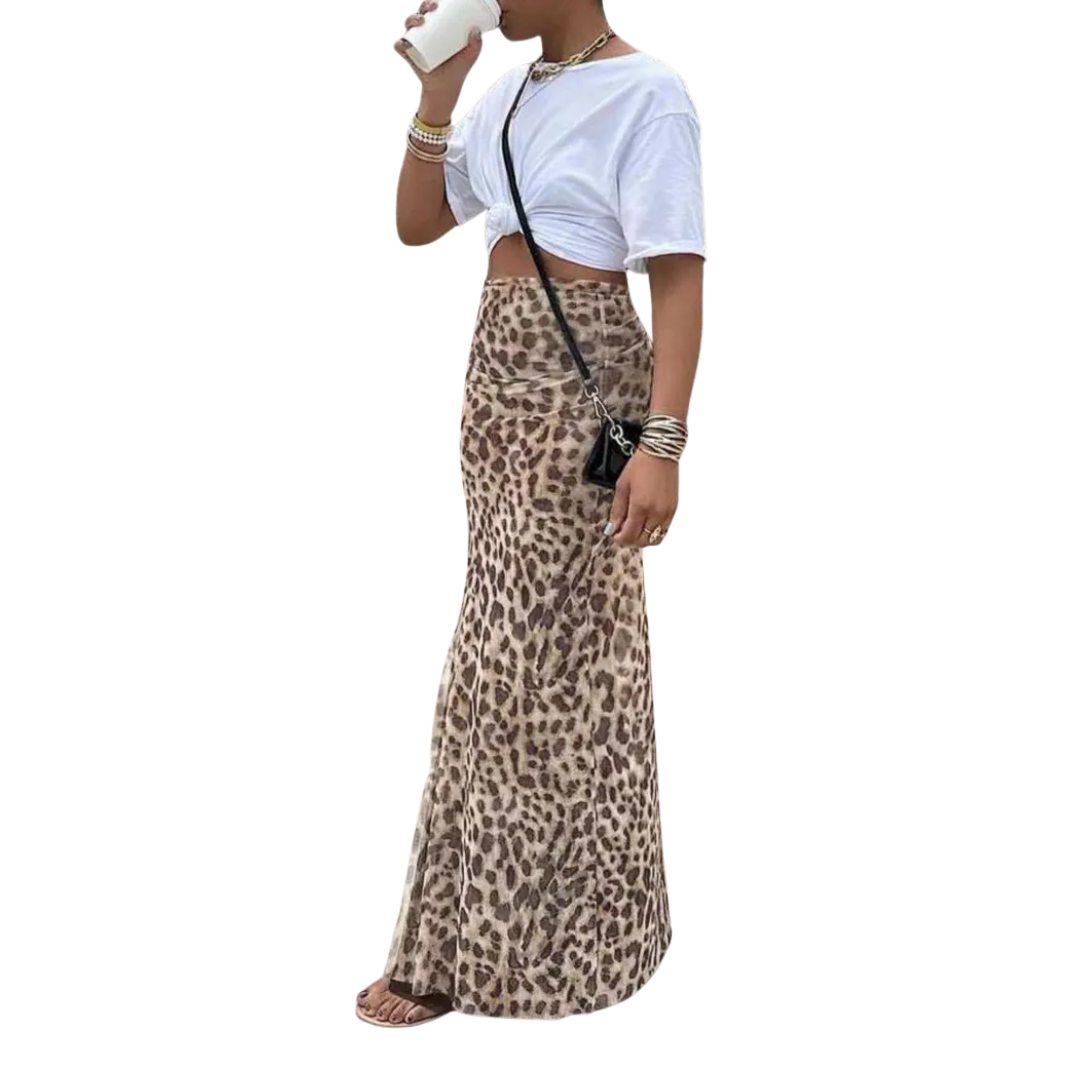 Leopard print fishtail midi skirt in light brown with an A-line drape