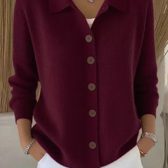 Burgundy button-front collared cardigan sweater with long sleeves, ribbed knit