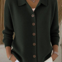 Dark green button-front collared cardigan sweater with long sleeves, button placket