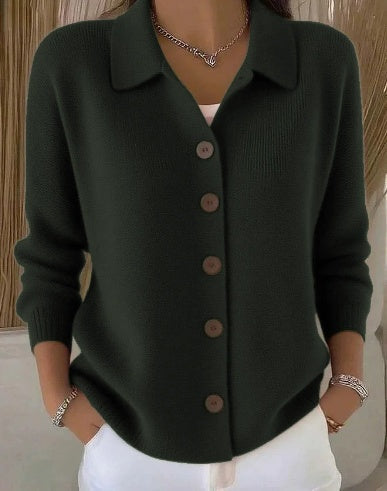 Dark green button-front collared cardigan sweater with long sleeves, button placket