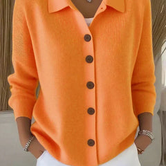 Orange button-front collared cardigan sweater with long sleeves, ribbed knit