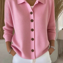 Pink button-front collared cardigan sweater with long sleeves, ribbed knit
