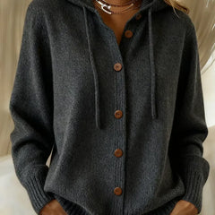 Black hoodie cardigan with wooden-look button front, hood, long sleeves