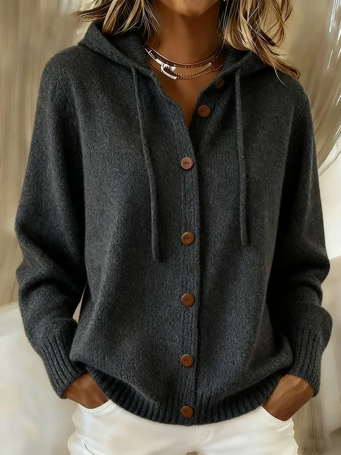 Black hoodie cardigan with wooden-look button front, hood, long sleeves