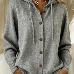 Grey hoodie cardigan with wooden-look button front, hood, long sleeves