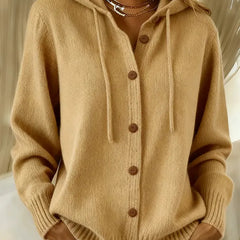Khaki hoodie cardigan with wooden-look button front, hood, long sleeves
