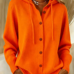 Orange hoodie cardigan with wooden-look button front, hood, long sleeves