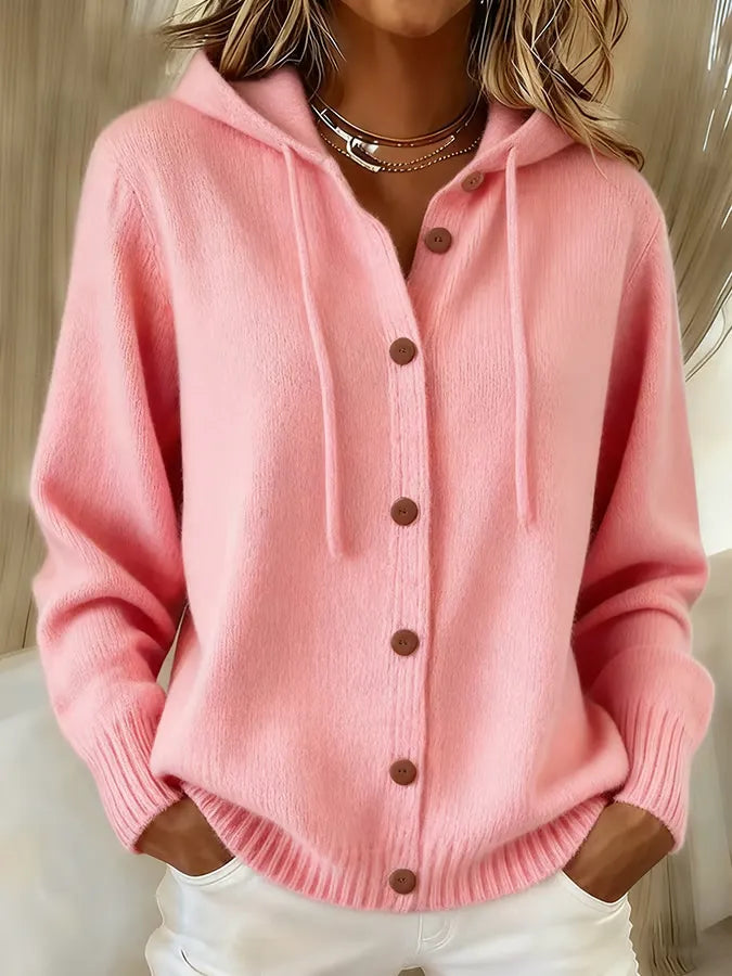 Pink hoodie cardigan with wooden-look button front, hood, long sleeves