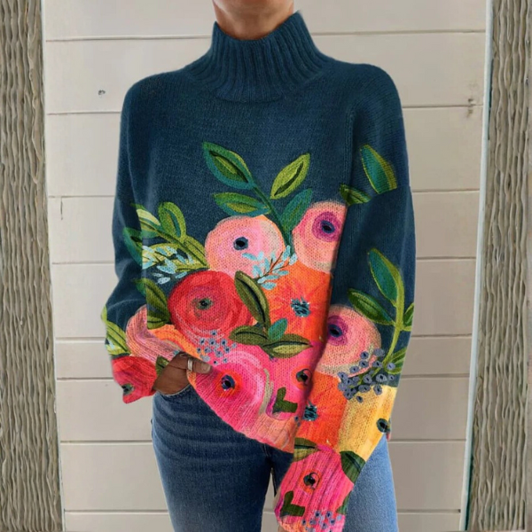 PHOEBE soft sweater: blue knit turtleneck with multicolor floral front