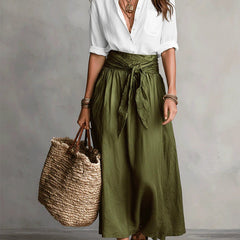 White blouse top and olive green midi skirt two-piece set, front view