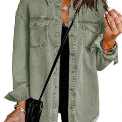 Olive green denim jacket with button front, chest pockets, and frayed hem.