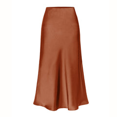 Brown high-waist side-slit midi skirt with smooth satin finish
