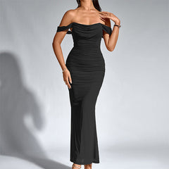Black off-shoulder ruched mermaid-style evening dress with draped neckline