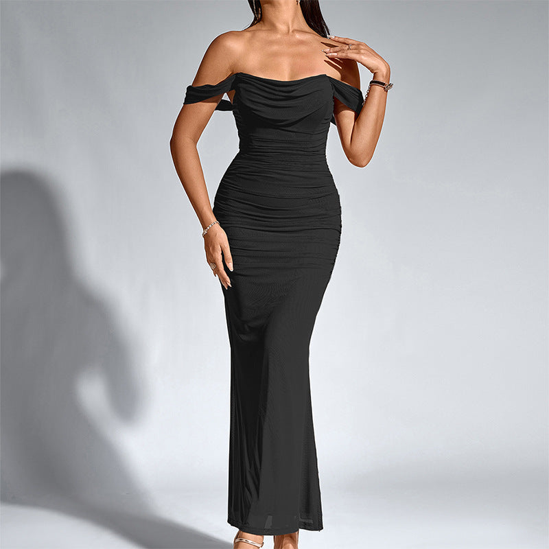 Black off-shoulder ruched mermaid-style evening dress with draped neckline