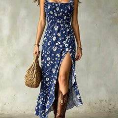 Navy blue ditsy floral smocked maxi dress with ruffle straps and front slit
