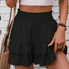 Tiered ruffle skort with smocked waist, black, boho casual shorts
