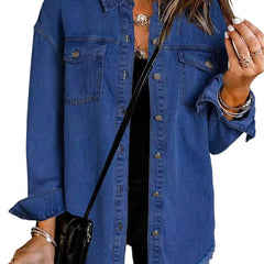 Dark blue denim jacket with button front, chest pockets, and frayed hem.
