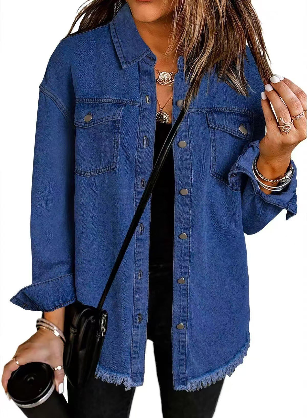 Dark blue denim jacket with button front, chest pockets, and frayed hem.