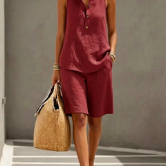 Bordeaux sleeveless henley top and matching shorts two-piece set