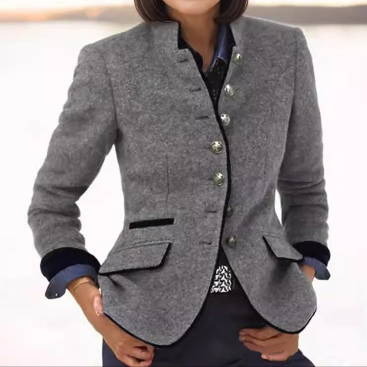 Charcoal gray classic blend blazer, button front, flap pockets, contrast blue cuffs
