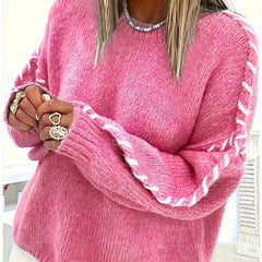 Round-neck long-sleeve sweater in pink with contrast stitched sleeve trim