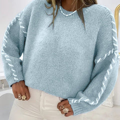 Round-neck long-sleeve sweater in light blue with contrast stitched sleeve trim