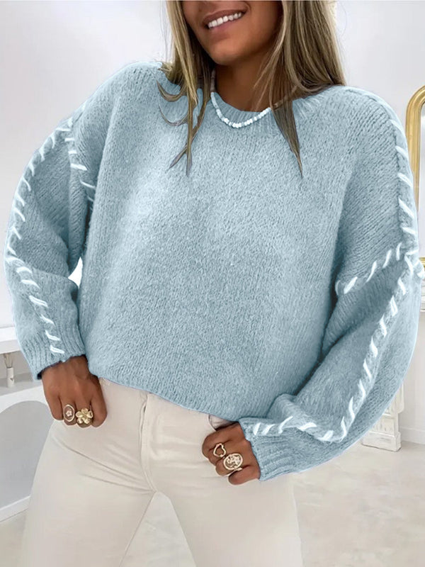 Round-neck long-sleeve sweater in light blue with contrast stitched sleeve trim