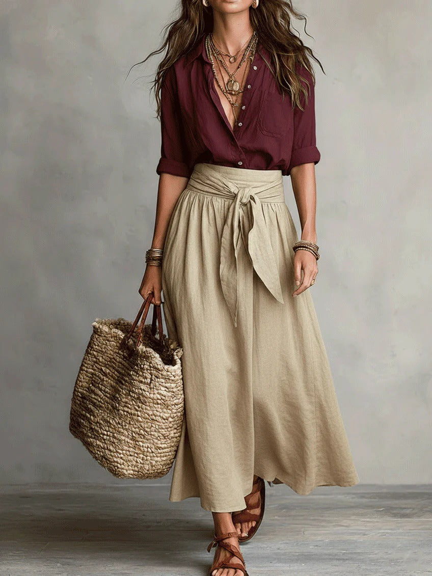 Burgundy blouse top and beige midi skirt two-piece set, front view