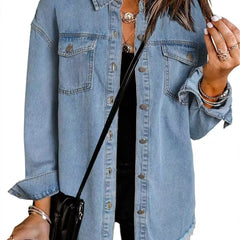 Light blue denim jacket with button front, chest pockets, and frayed hem.