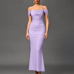 Lavender off-shoulder ruched mermaid-style evening dress with draped neckline
