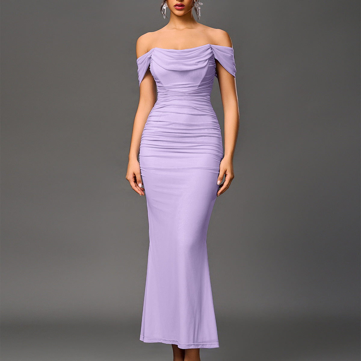 Lavender off-shoulder ruched mermaid-style evening dress with draped neckline