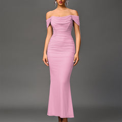 Pink off-shoulder ruched mermaid-style evening dress with draped neckline
