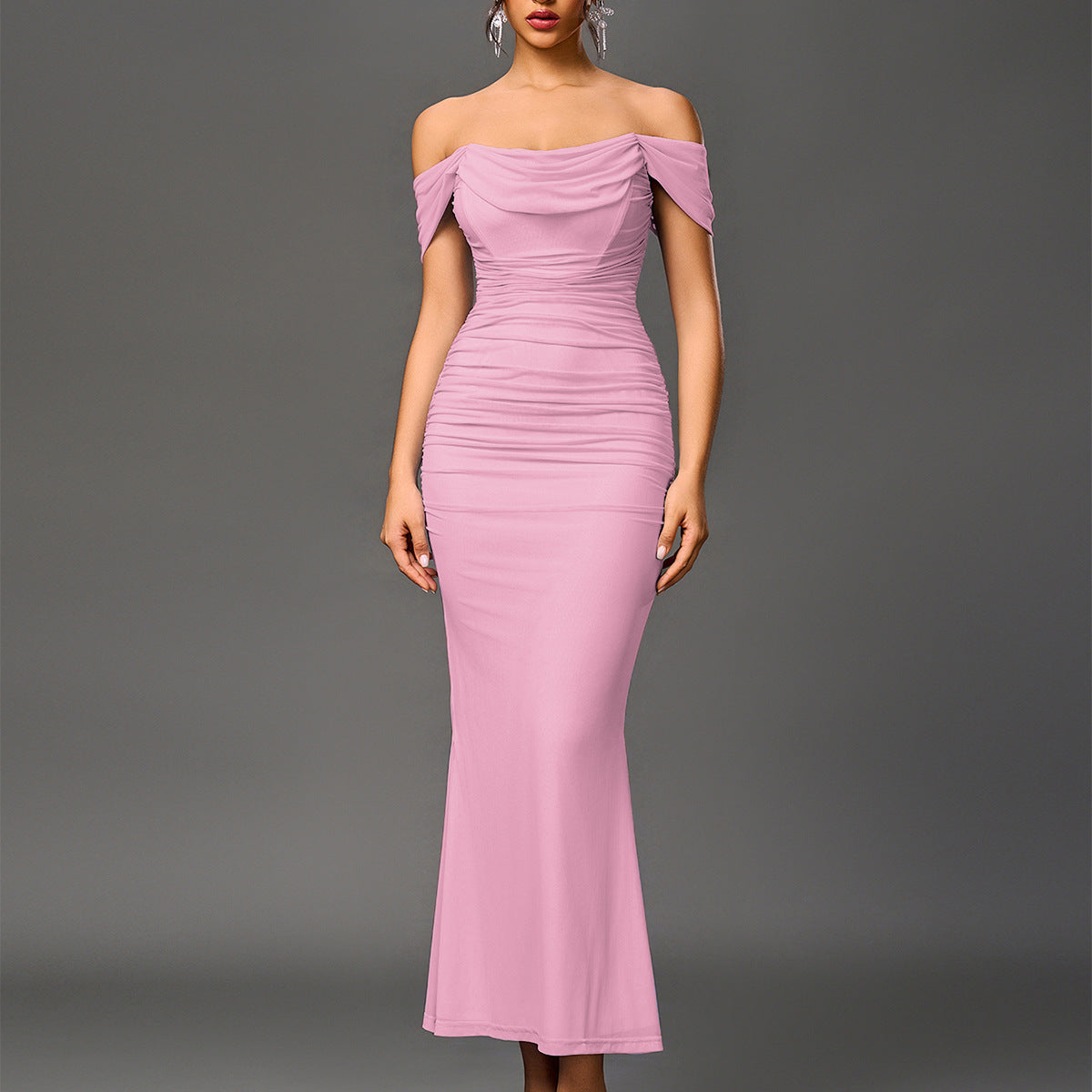 Pink off-shoulder ruched mermaid-style evening dress with draped neckline