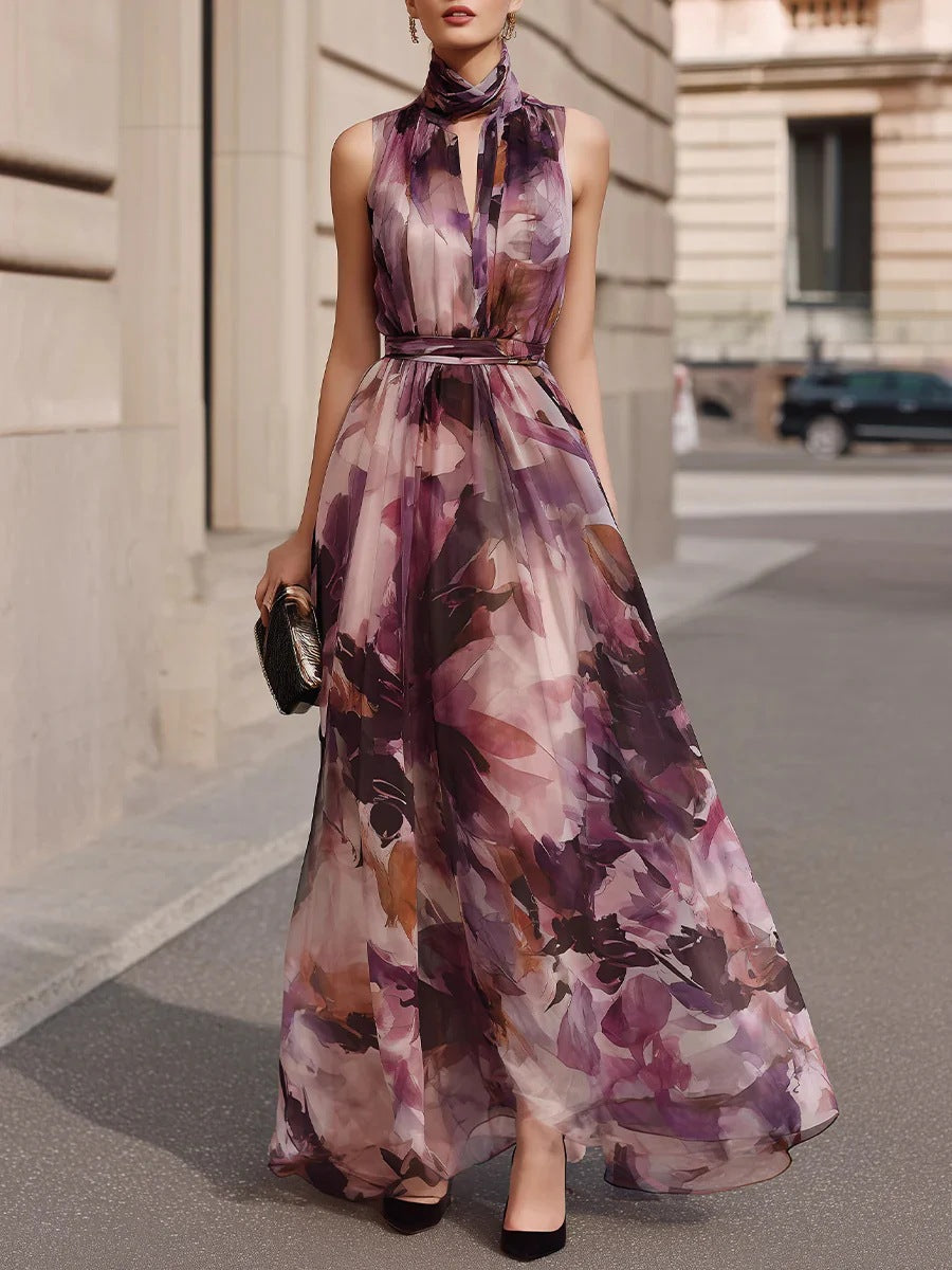Purple floral tie-neck belted maxi dress, sleeveless with pleated skirt and high neckline