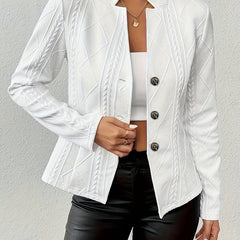 White textured blazer with open front, notch lapels, long sleeves, and three buttons