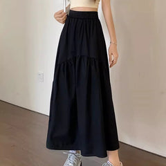 Modern casual long skirt, black tiered midi with elastic waistband