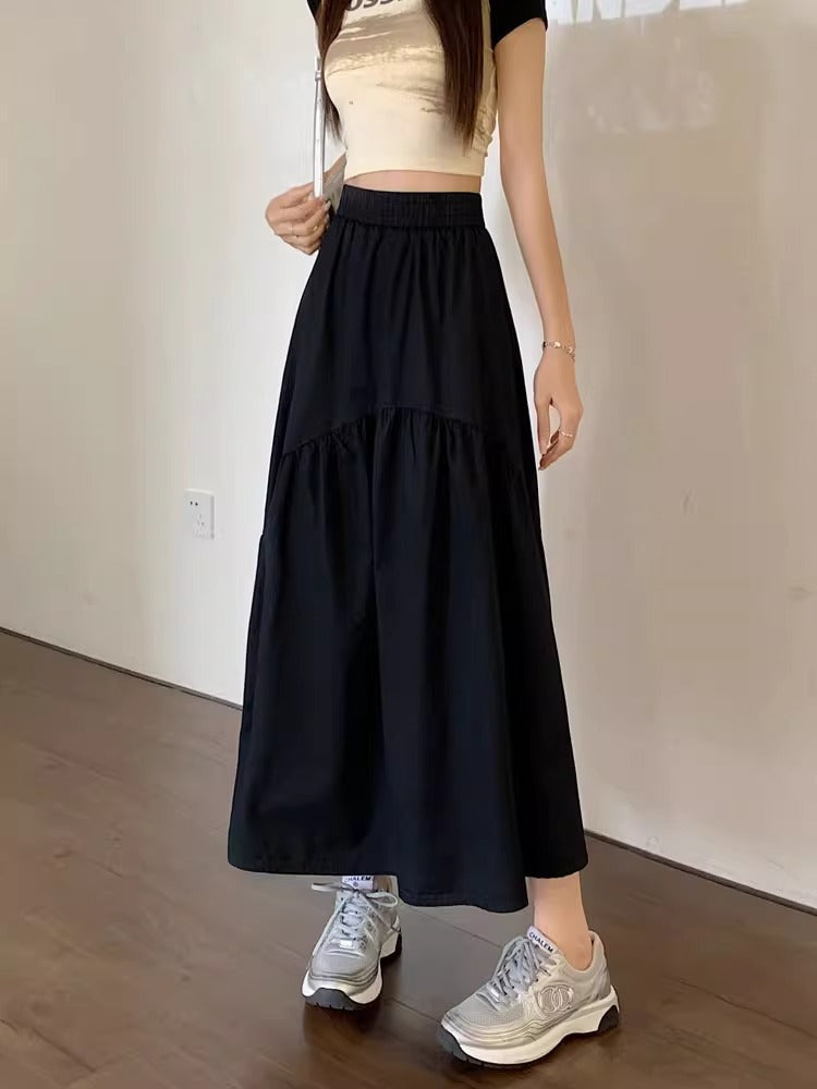 Modern casual long skirt, black tiered midi with elastic waistband