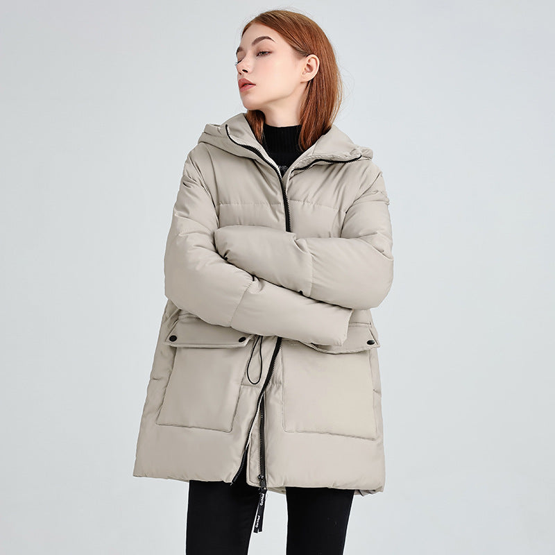 Light gray zip-up hooded puffer jacket with drawstring hem and side pockets.