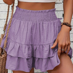 Tiered ruffle skort with smocked waist, lavender purple, boho casual shorts