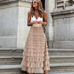 Khaki maxi layered cake skirt with tiered ruffle layers and gathered waistline