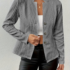 Gray textured blazer with notch lapels, long sleeves, and three-button front