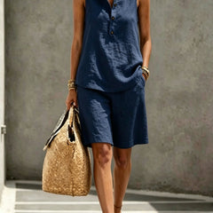 Navy blue sleeveless henley top and matching shorts two-piece set