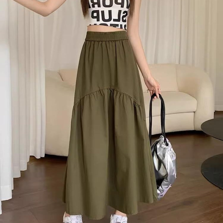Modern casual long skirt, olive green tiered A-line with elastic waist