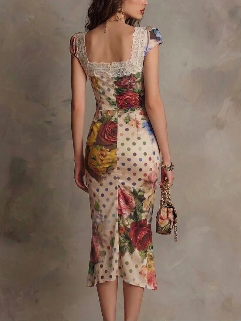 Lace-trim ruched bodycon midi dress, mixed floral and polka-dot print, open back