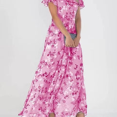 Pink floral maxi dress with short flutter sleeves and V-neck front