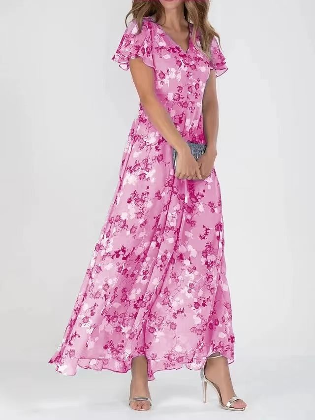Pink floral maxi dress with short flutter sleeves and V-neck front