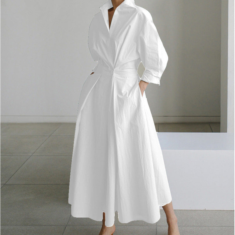 White maxi wrap collared dress with tie waist, three-quarter sleeves