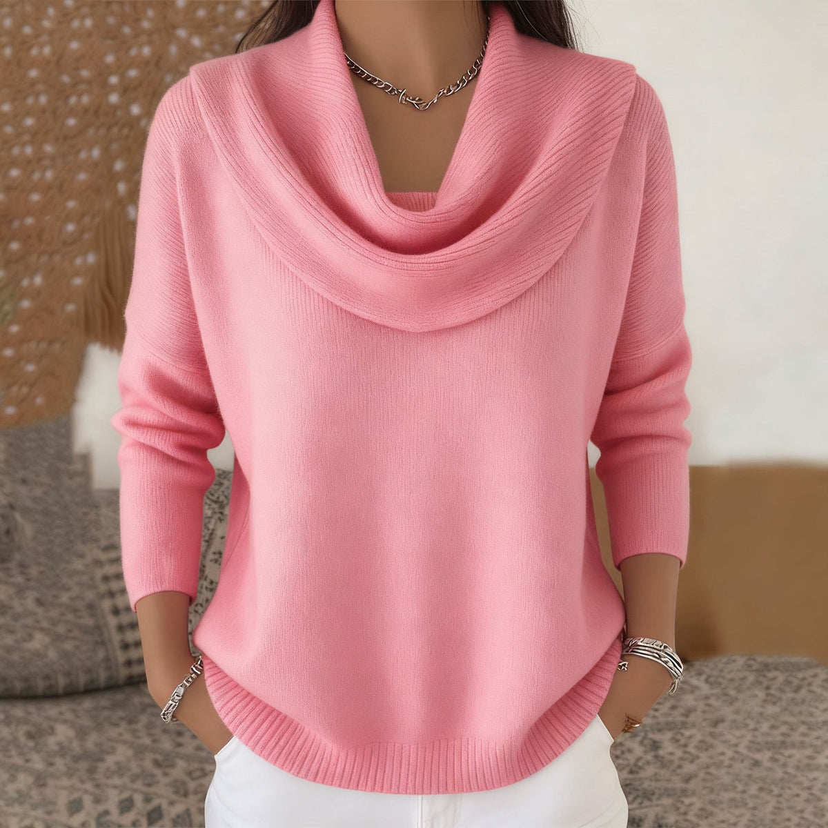 Pink cowl-neck sweater with long sleeves and ribbed hem and cuffs.