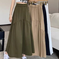 Hanging long skirts: olive, beige, and navy tiered midi with elastic waists