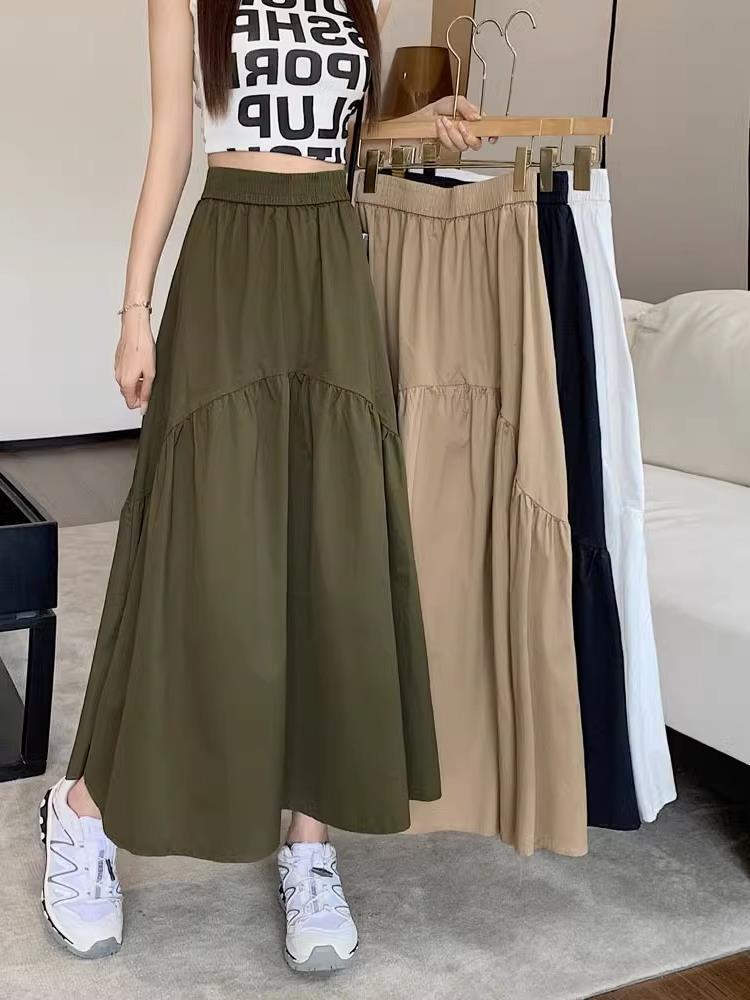 Hanging long skirts: olive, beige, and navy tiered midi with elastic waists